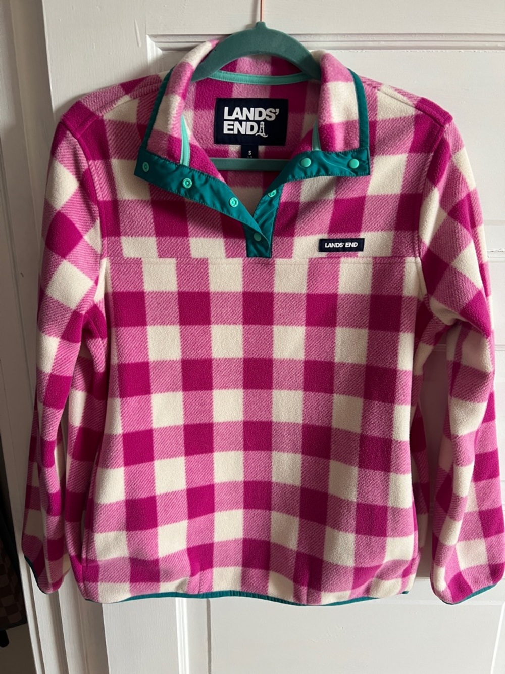 Lands' End Pink and White Buffalo Check Snap Pullover